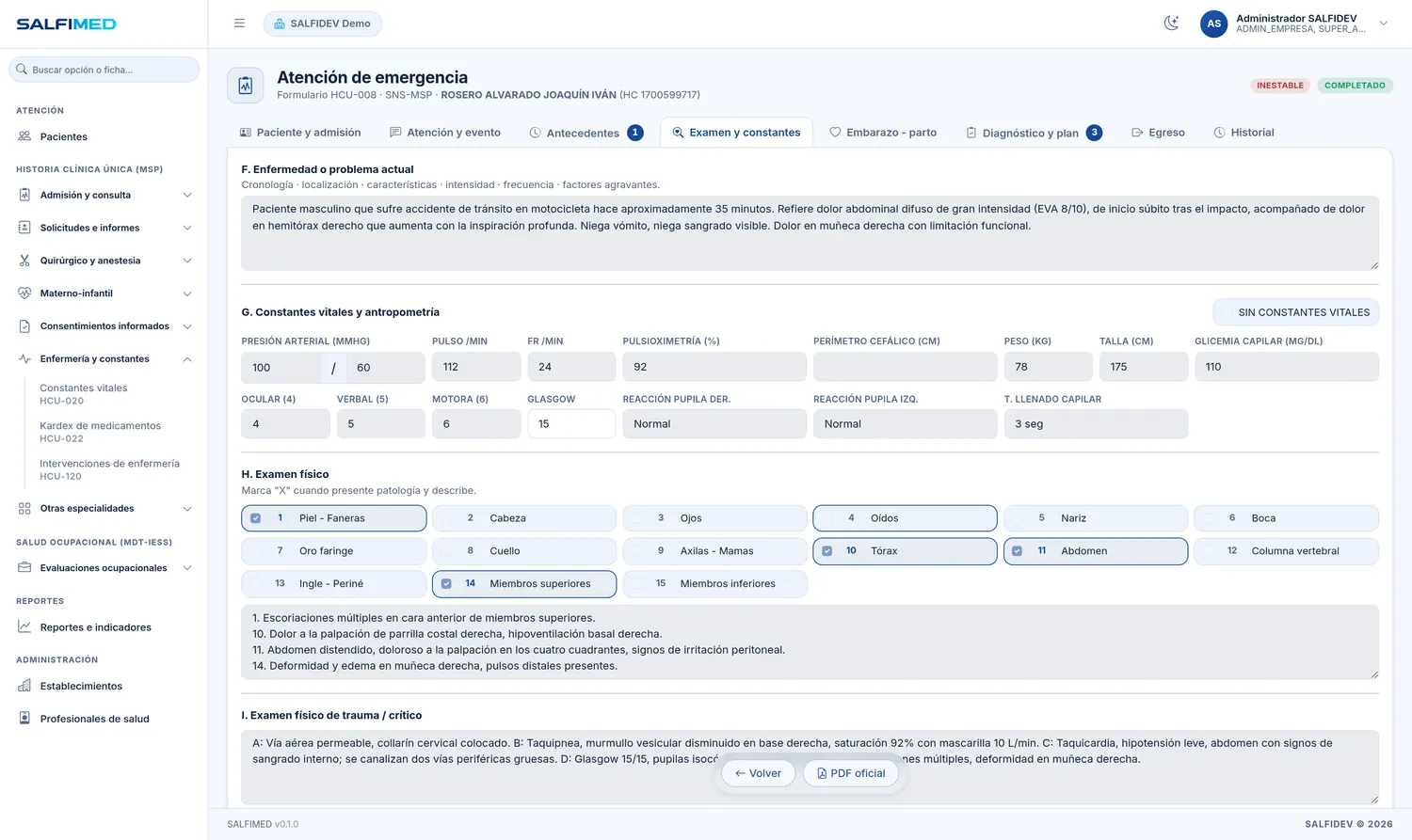 Formulario de emergencia HCU-008 con cuadrículas de casillas marcables.