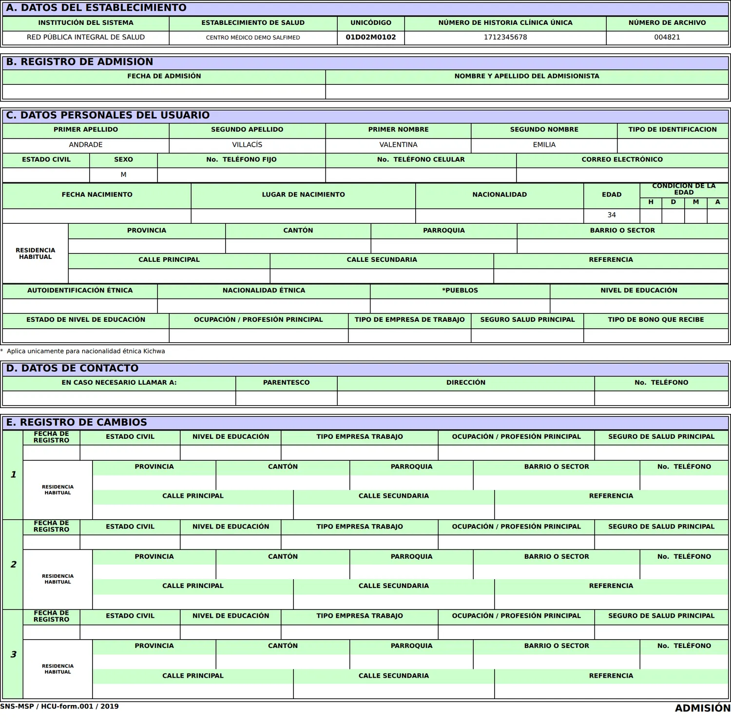 Hoja impresa del formulario 001 de admisión generada por SALFIMED.