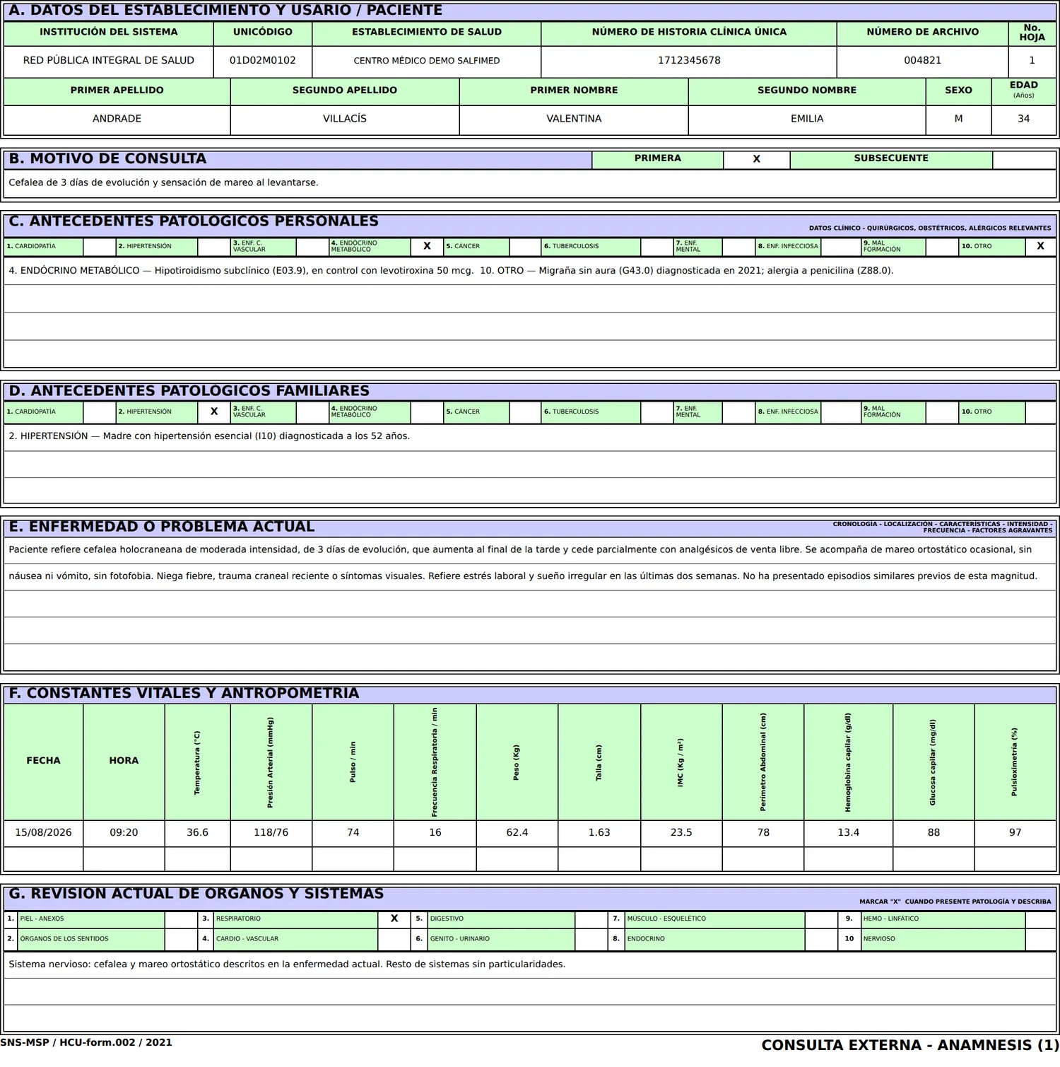 Impresión del formulario 002 de consulta externa generada por SALFIMED, calcada del formato oficial del MSP.