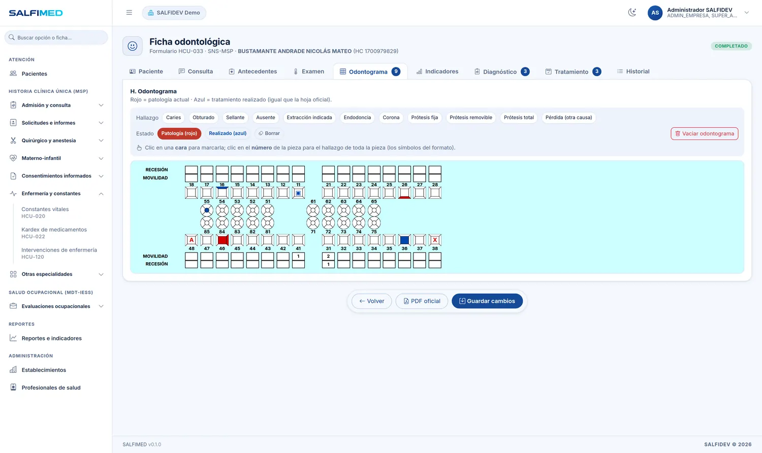 Pestaña de odontograma en SALFIMED con las 52 piezas dentales marcables por cara.